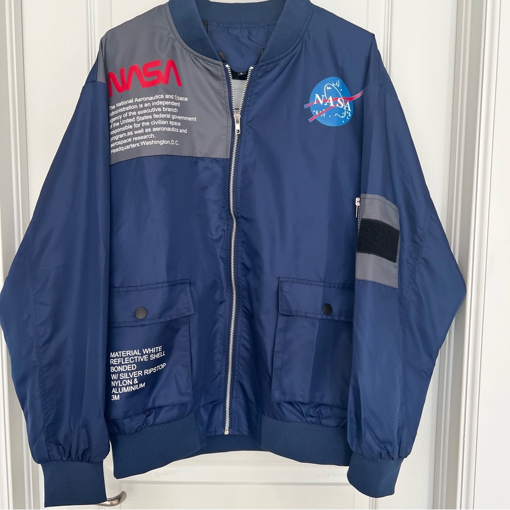 NASA Reflective Ripstop Bomber Jacket Zip Men's L Logo Retro Collectible Space
